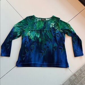 Bob Mackie Sz Large Wearable Art blue & green blouse long-sleeve top shirt